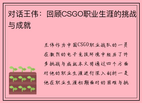 对话王伟：回顾CSGO职业生涯的挑战与成就